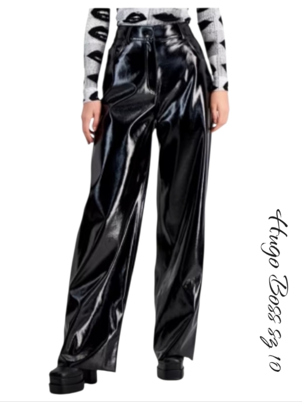 NWT HUGO Black High-Shine Faux Leather Wide Leg Pants Size 10